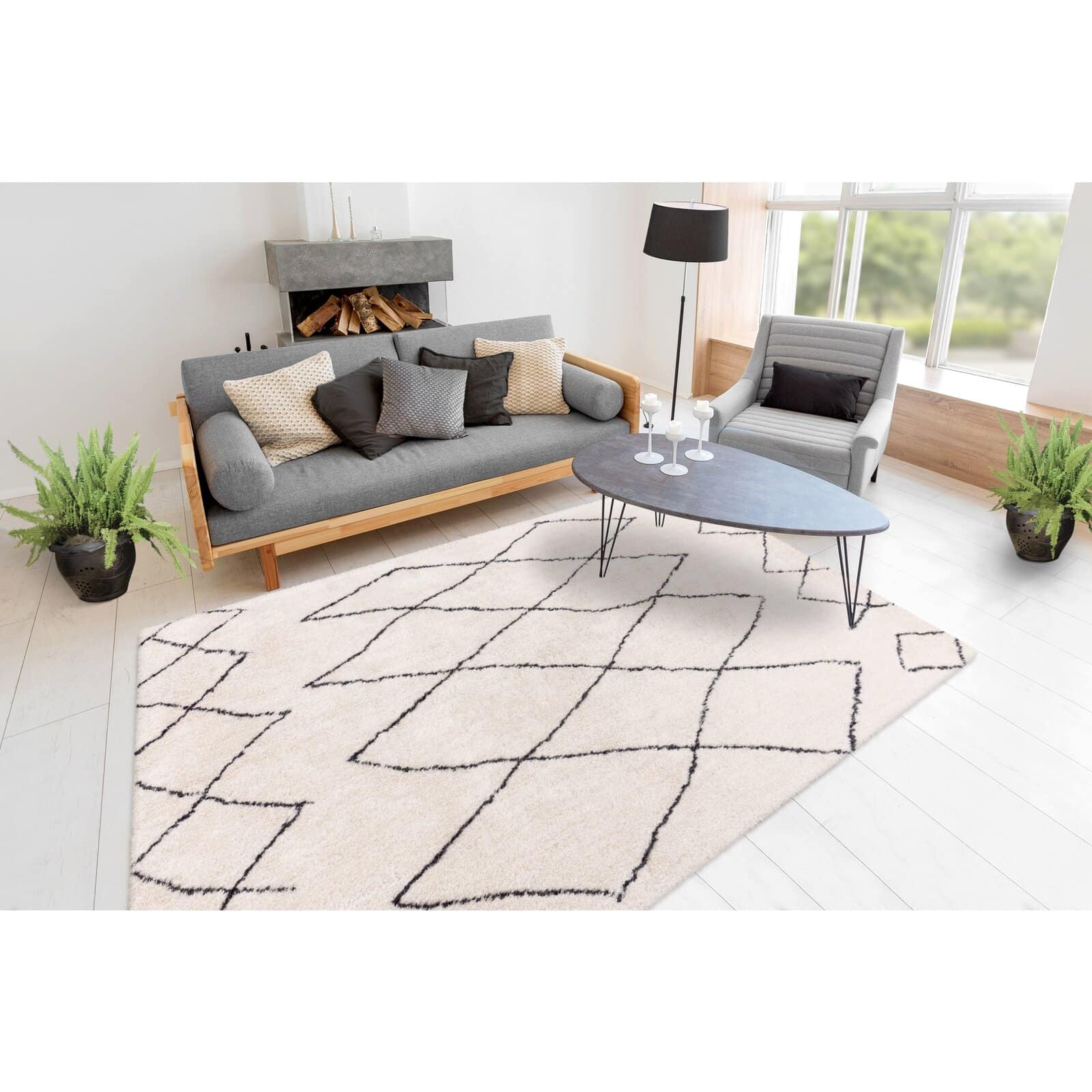 Tapis Shaggy 120x170 Cm - Motif Berbère Rouge Et Blanc - Hauteur 30 Mm - Polypropylène - Fabriqué En Europe